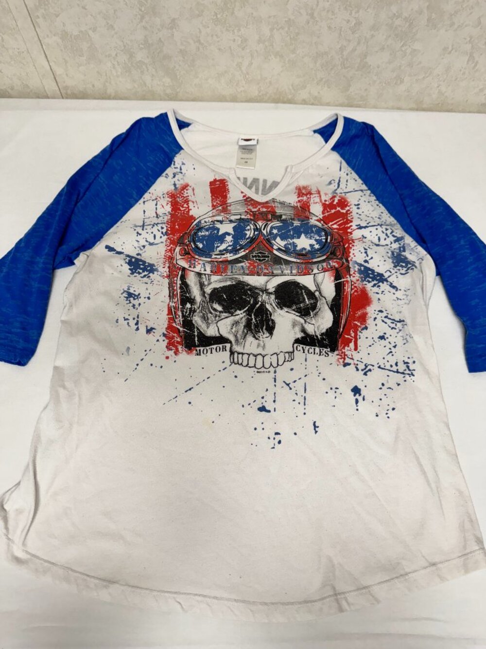Harley-Davidson Skull Patriotic Raglan Graphic Tee 2X USA Made